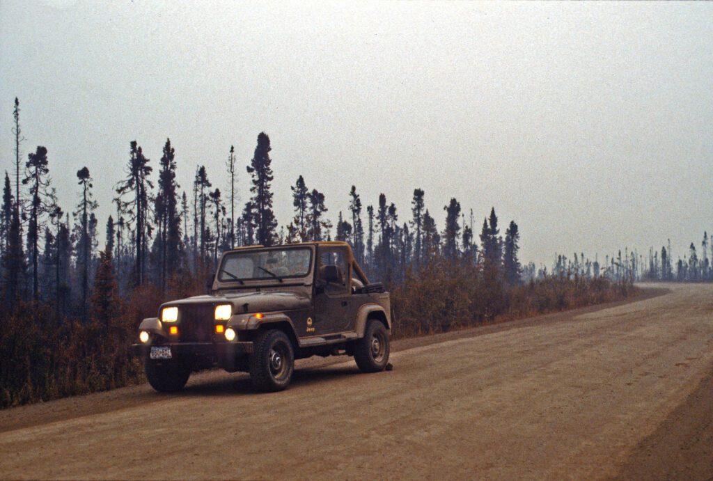 Haze from the fires and a baby rabbit next to rear tire of Jeep.